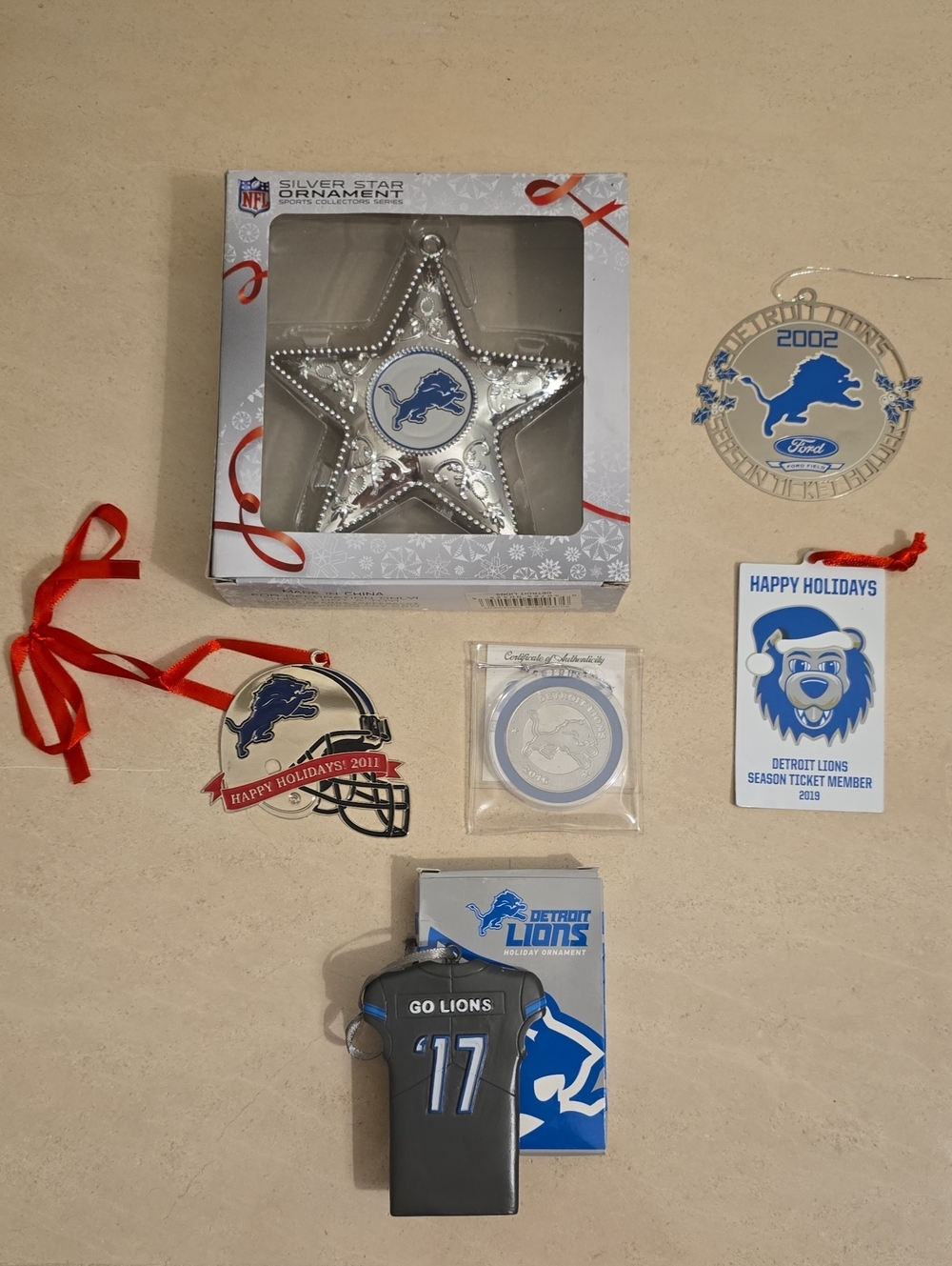 Detroit Lions Holiday Ornaments - Set Of Six - Blue, Gray & Silver